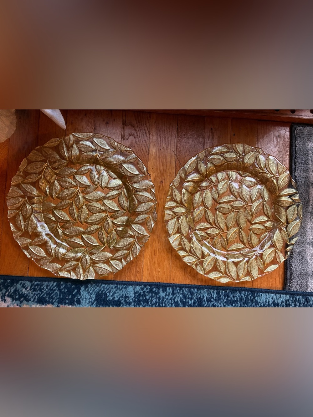 Vtg MCM Embossed Gold Leaf Decorative Glass Plates (set of 2)
